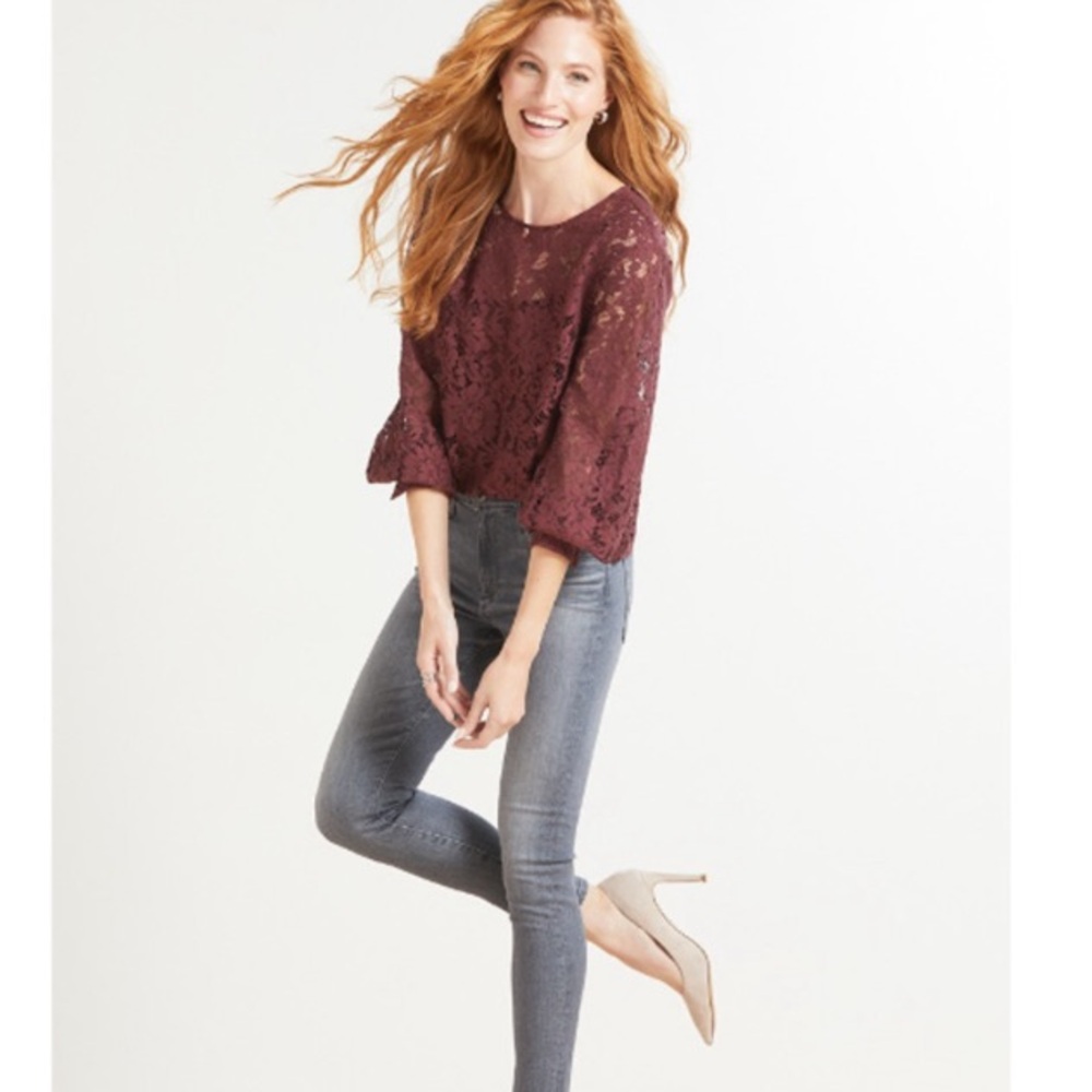 Allison Joy Evereve Aviva Volume Sleeve Lace Top Cami Burgundy